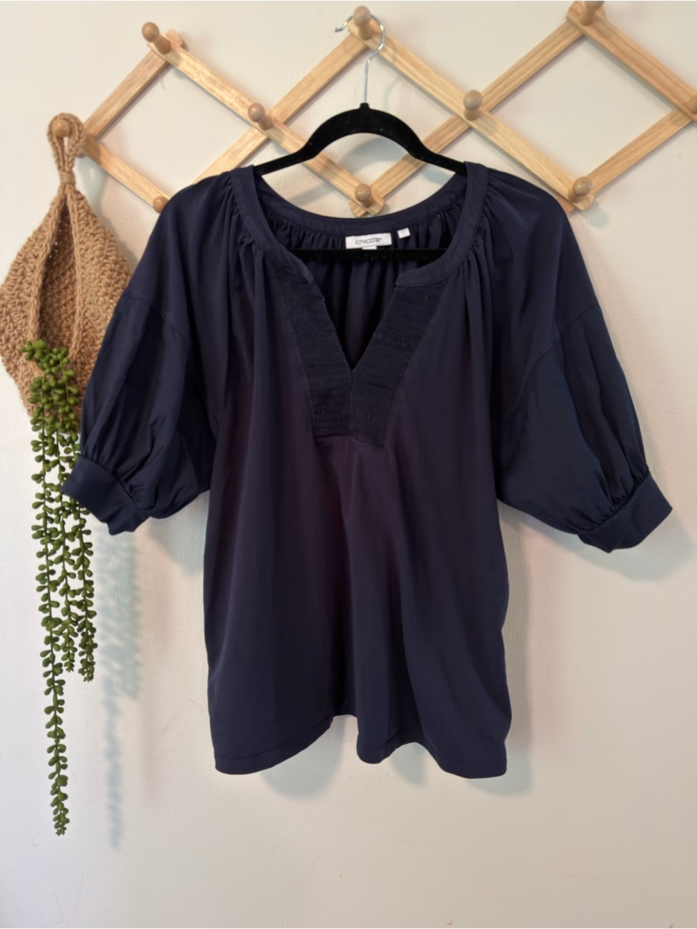 Chico's Smocked V-Neck Blouse Size L Navy Blue